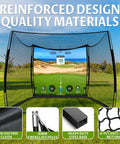 Spacious 11x8ft Golf Simulator Hitting Net With Dual Layer HD Impact Screen set up in outdoor scenery with reinforced materials.