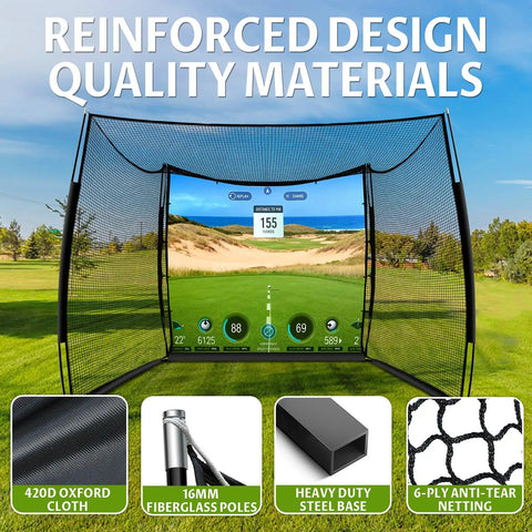 Spacious 11x8ft Golf Simulator Hitting Net With Dual Layer HD Impact Screen set up in outdoor scenery with reinforced materials.