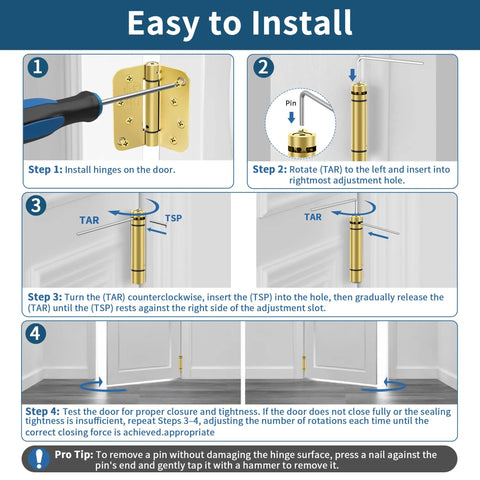 Installation guide for Real Deal Brushed Gold Self Closing Door Hinges, showing adjustment steps for proper fit and closure.