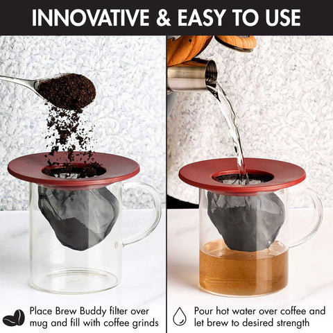 Portable Pour Over Coffee Maker With Reusable Fine Mesh Filter For A Single Cup Dishwasher Safe Travel And Camping Friendly Brew Tool For Coffee Or Tea At Any Strength 404.88 Milliliters Red with coffee being brewed into a glass mug