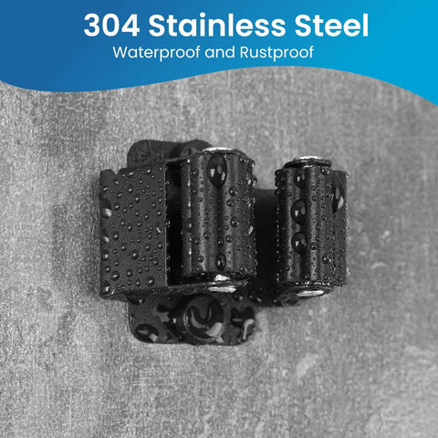 Heavy Duty Stainless Steel Broom And Mop Wall Mount Hanger, close-up of black anti-rust bracket with water droplets