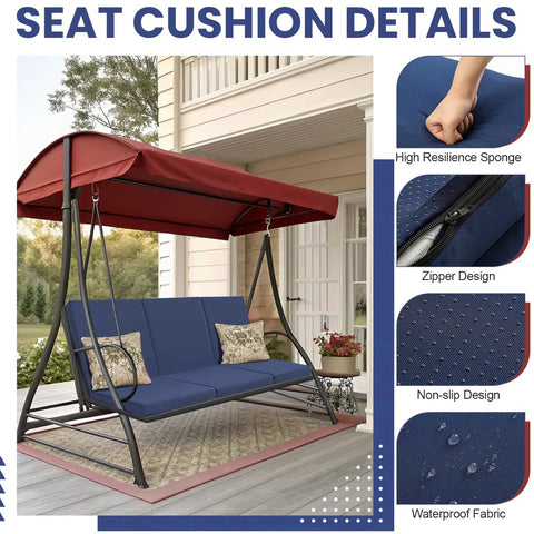 Image of Cozy Up Your 3 Seat Outdoor Porch Swing Cushions Set With Waterproof Back Cushions And Anti Slip Liner in navy blue.