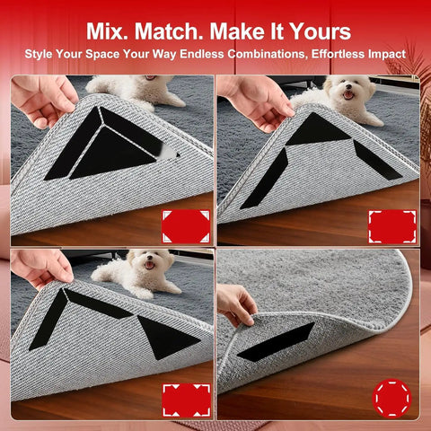 12 Pack Rug Gripper Tape Set For Area Rugs Non Slip Double Sided Carpet Tape Pads For Hardwood Floors, four images of application