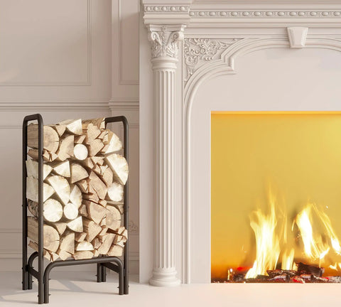 Detachable Round Tube Firewood Rack Log Holder For Indoor And Outdoor Fireplaces, Black Firewood Storage Organizer by a lit fireplace