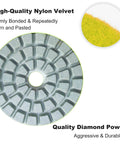 Close-up of diamond polishing pad material with text highlighting nylon velvet and diamond powder for 11 Piece 2 Inch Diamond Polishing Pads Kit Wet And Dry Grit 50 To 10000 For Concrete Stone Granite Tile Marble Quartz Edge Countertop Drill Grinder Polisher.
