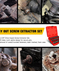 25 Piece 3/8 Inch Drive Impact Bolt Extractor Set With Heavy Duty Case For Removing Broken Studs Bolts And Screws Hex Head Multi Spline Easy Out Screw Extractors Made From CR MO Steel shown with a red foam case and various rusty bolts.