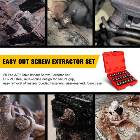 25 Piece 3/8 Inch Drive Impact Bolt Extractor Set With Heavy Duty Case For Removing Broken Studs Bolts And Screws Hex Head Multi Spline Easy Out Screw Extractors Made From CR MO Steel shown with a red foam case and various rusty bolts.