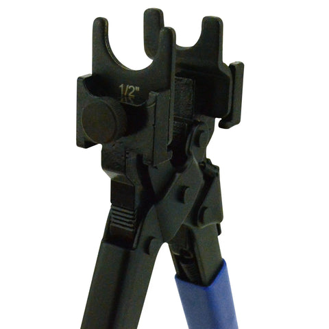 No Fuss Push To Connect Plumbing Tool with Interchangeable Faceplates for One Half, Three Quarter, and One Inch Fittings, detail view.