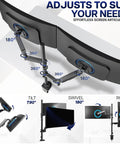 Extra Tall Dual Monitor Stand Swivels Smoothly For Screens Up To 32 Inches showing adjustable arm mechanism, 180° tilt, 360° rotation.