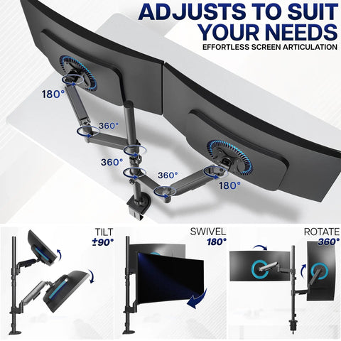 Extra Tall Dual Monitor Stand Swivels Smoothly For Screens Up To 32 Inches showing adjustable arm mechanism, 180° tilt, 360° rotation.