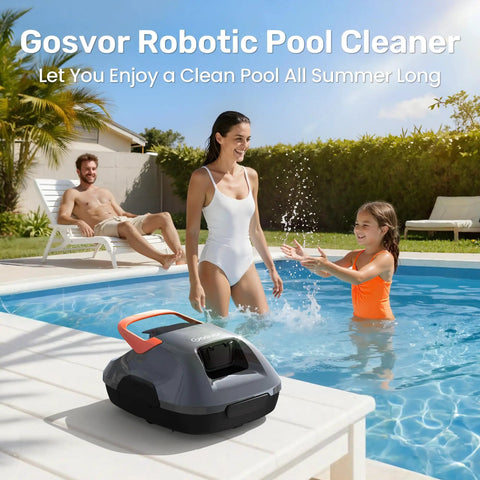 LiteVac 800 Robotic Pool Cleaner With 1200 GPH Suction, in foreground at a poolside with people enjoying the water.