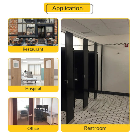 Collage of applications: restaurant, hospital, office, and restroom environments displayed.