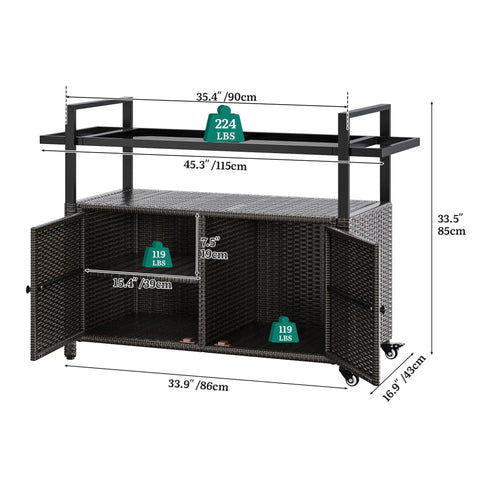 Outdoor Storage Cabinet With Wheels And Black Glass Top For Patio And Poolside No Fuss All Weather Wicker Cart, dimensions shown
