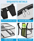 Clear Stadium Bag 12 By 12 By 6 Inches With Reinforced Wider Shoulder Straps For Easy Security Checks showing details of shoulder straps, zipper, bottom, and side pocket.