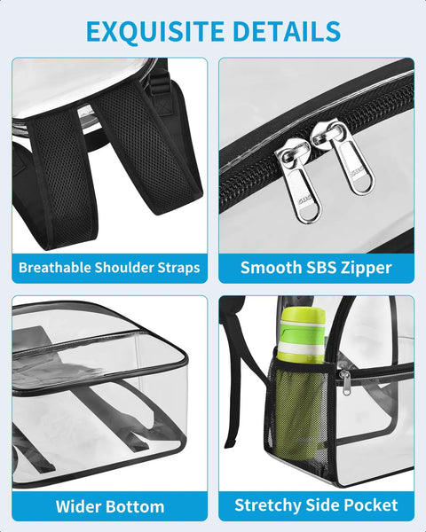 Clear Stadium Bag 12 By 12 By 6 Inches With Reinforced Wider Shoulder Straps For Easy Security Checks showing details of shoulder straps, zipper, bottom, and side pocket.