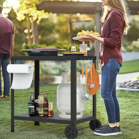 32x20IN Double Shelves Grill Table Movable Outdoor Grill Cart For Griddle And Pizza Oven, woman serving food at a garden party