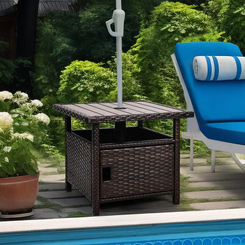 Outdoor Patio Umbrella Table With Two Weight Bags And Umbrella Hole Brown Wicker End Table With Storage Two Tier Design Side Table For Outside Use Poly Lumber Top Ideal For Pool Deck Garden And Balcony by a pool
