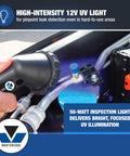Mastercool 53351 UV leak-detection kit with 12V high-intensity UV light in automotive engine bay