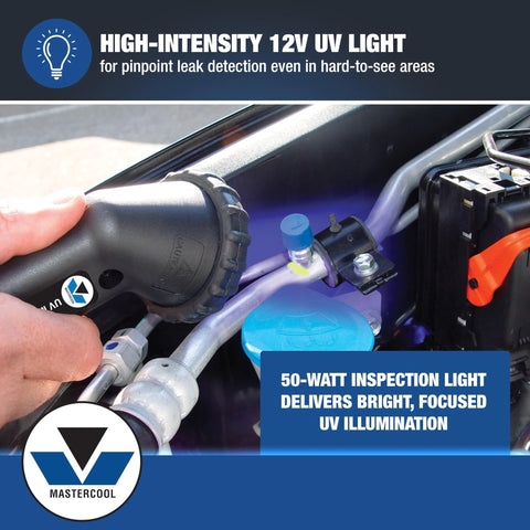 Mastercool 53351 UV leak-detection kit with 12V high-intensity UV light in automotive engine bay