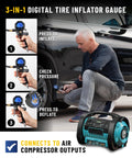 Man using Digital Tire Pressure Gauge With Inflator 3-200 PSI, Heavy Duty Air Chuck on car tire, steps shown to inflate, check, deflate.