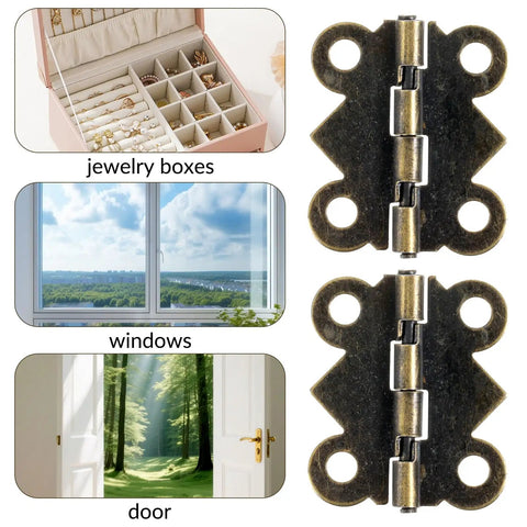 12 Pcs Small Brass Hinges With Screws 1 Inch Retro Vintage Bronze Butterfly Style Hinge Set shown with jewelry boxes, windows, doors