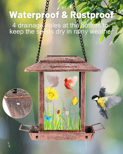 Solar Bird Feeder And Lantern For Outdoors Chew Proof Metal Feeder With Big Two And A Half Pound Seed Capacity Easy Fill Hangin Bird Feeder For Gardens And Yards Weather Resistant Dual Day Feeder And Night Lantern Gifts For Bird Lovers displayed with birds in a garden setting.