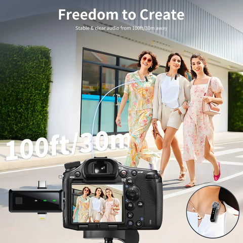 Camera with Wireless Lavalier Microphone For iPhone and Android, 2 Pack Clip On Lapel Mic, capturing walking women, 100ft range