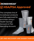 Stack of incrediwear socks with text highlighting HSA/FSA approval, emphasizing relief and recovery benefits