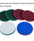 Drill Powered Tile Scrubber Kit pads, showing six pads in red, green, and blue, highlighting different stiffness levels for cleaning.