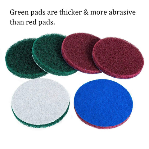 Drill Powered Tile Scrubber Kit pads, showing six pads in red, green, and blue, highlighting different stiffness levels for cleaning.