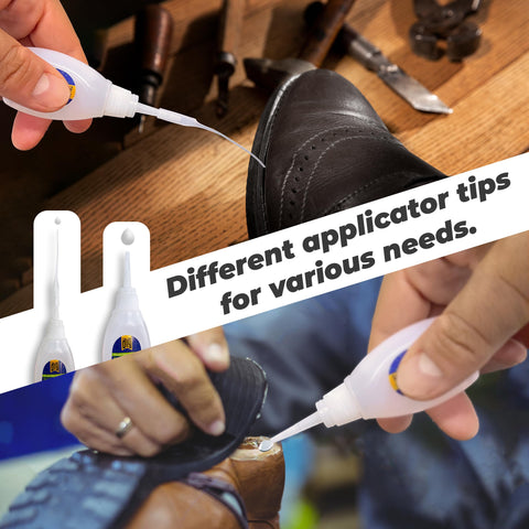 Heavy Duty Shoe Glue For Sole Repair And Waterproof Boot Adhesive With Cyanoacrylate Formula shown with applicator tips