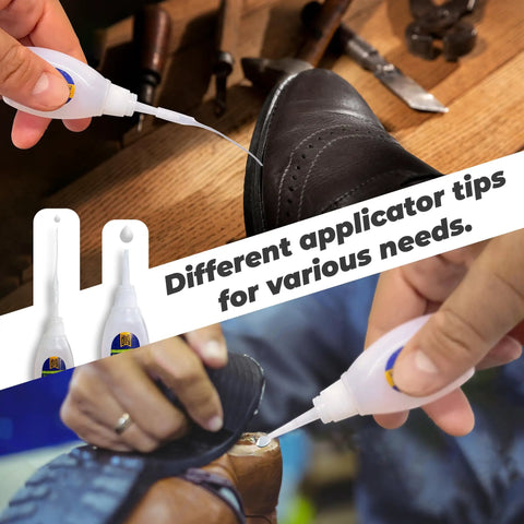 Heavy Duty Shoe Glue Two Pack Easy Patch Adhesive for Sneaker and Boot Sole Repair being applied with precision tips.