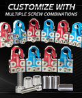 Beefed-Up 8-Way Battery Terminal Connector Kit With Positive And Negative Set For SAE DIN EN Tapered Top Post Compatible With 8AWG To 40 AWG Includes OEM Top Post Adapter And Top Mounted Distribution Block For Easy Vehicle Electrical Upgrades, red and blue terminals