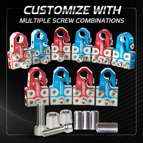 Beefed-Up 8-Way Battery Terminal Connector Kit With Positive And Negative Set For SAE DIN EN Tapered Top Post Compatible With 8AWG To 40 AWG Includes OEM Top Post Adapter And Top Mounted Distribution Block For Easy Vehicle Electrical Upgrades, red and blue terminals