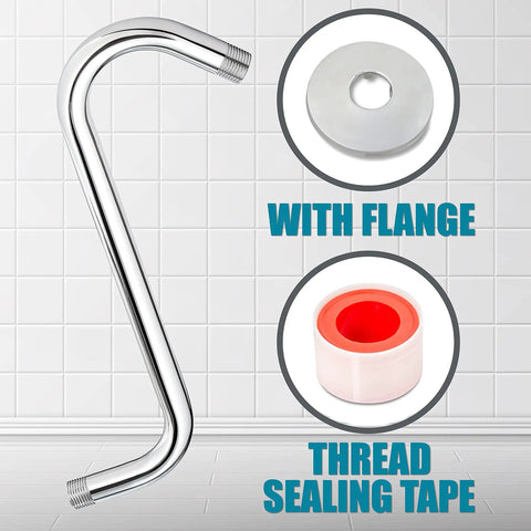 12 Inch High Rise Shower Extension Arm In Chrome With Flange S Shaped Design For Extra Height And Clean Look Easy Leak Free Install Includes Thread Seal Tape Durable Bathroom Upgrade