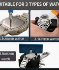 All In One Watch Repair Kit With Battery Replacement Tools showing use on different watch types.
