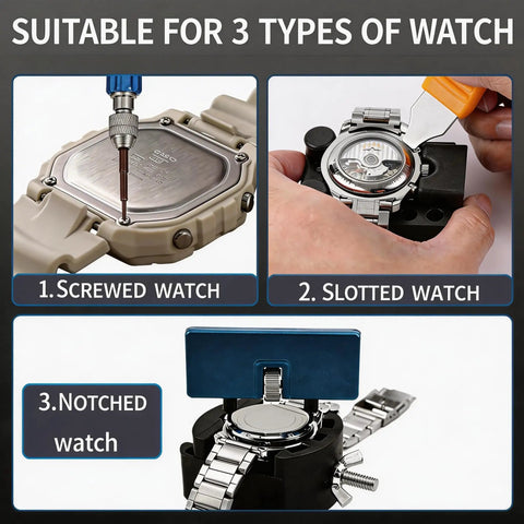 All In One Watch Repair Kit With Battery Replacement Tools showing use on different watch types.