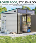 7x7x7 Ft Outdoor Resin Storage Shed With Floor Double Doors Sloped Roof Waterproof All Weather UV Resistant Skylight Panels Window And Vents For Lawn Backyard Garden Grey And Black Yard Essential showcasing sloped roof and open doors.