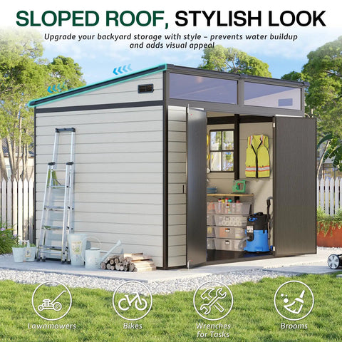 7x7x7 Ft Outdoor Resin Storage Shed With Floor Double Doors Sloped Roof Waterproof All Weather UV Resistant Skylight Panels Window And Vents For Lawn Backyard Garden Grey And Black Yard Essential showcasing sloped roof and open doors.