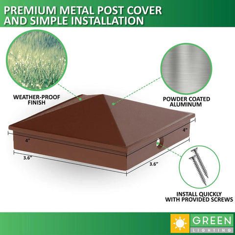 Brown 8 Pack 4x4 Aluminum Pyramid Post Cap Covers Fits True 3.5 x 3.5 Wood Posts, showing screws and weatherproof features