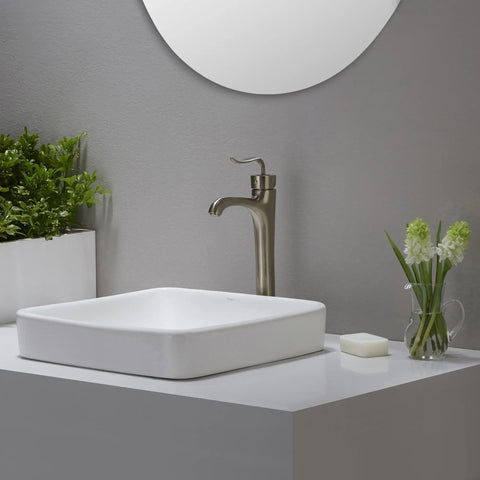 Elavo Ceramic Square Semi-Recessed Bathroom Sink With Overflow And Pop Up Drain In Chrome White on modern white counter