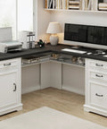 L Shaped Executive Desk With Four Drawers And Charging Station, wood corner home office desk in black white finish with computer setup.