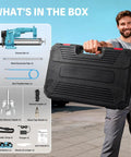 Person holding case for Electric Cordless Grease Gun Kit With 12,000 PSI Max Pressure, 39.4 Inch Flexible Hose, shown with contents list.