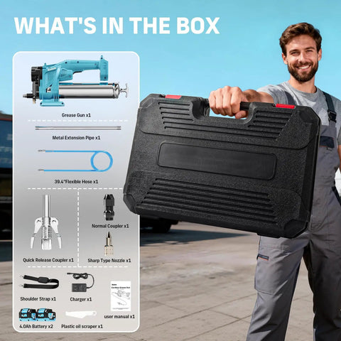 Person holding case for Electric Cordless Grease Gun Kit With 12,000 PSI Max Pressure, 39.4 Inch Flexible Hose, shown with contents list.