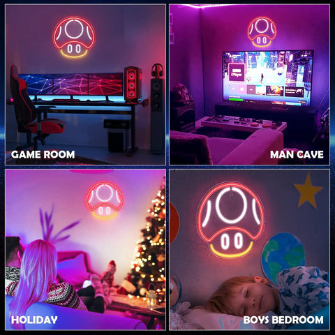 Mushroom Neon Sign For Gaming Room Decor Red LED Wall Light For Game Room Man Cave Kids Room Gamer Gifts in various room settings
