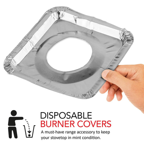 Hand holding Heavy Duty Aluminum Stove Top Burner Liners 8.5 Inch 100 Pack Disposable Covers To Catch Oil Grease And Food Spills.