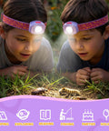 Children using Rechargeable Kids LED Headlamp With Lit RGB Color Cycle Adjustable Headband to explore outdoors.