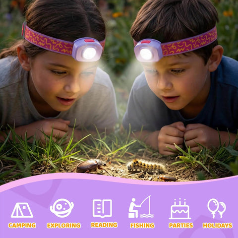 Children using Rechargeable Kids LED Headlamp With Lit RGB Color Cycle Adjustable Headband to explore outdoors.