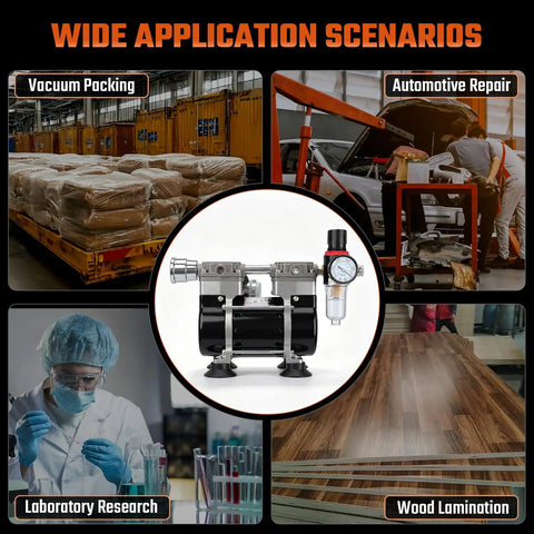 Heavy Duty Two Stage Vacuum Pump 50 Liters Per Minute Oilless Lab Medical Suction Workhorse showcased in various applications.