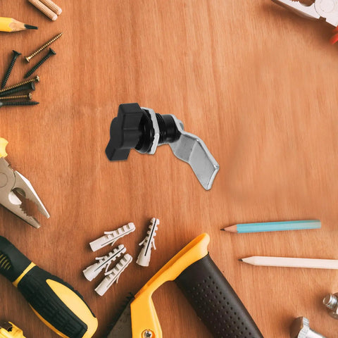 Thumb Operated T Handle Cam Lock With Offset Cam Keyless Swing Knob Turn Latch for toolboxes and electrical cabinets on a workbench